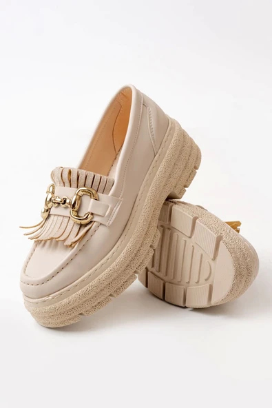 749-750 Bej Tokalı Günlük Yüksek Tabanlı Loafer Ayakkabı - Resim 4