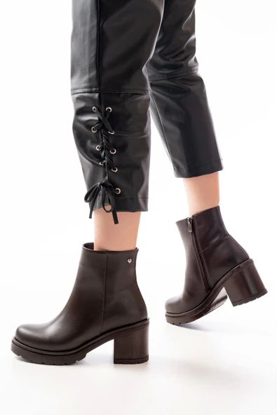 767-3020 Kahverengi Fermuarlı Kalın Topuklu Günlük Kadın Bot - Resim 2