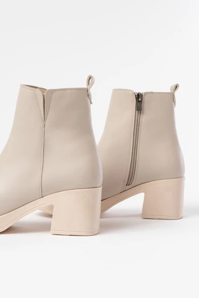 5109-3057 Bej Lastikli Fermuarlı Kalın Topuklu Günlük Kadın Bot - Resim 2