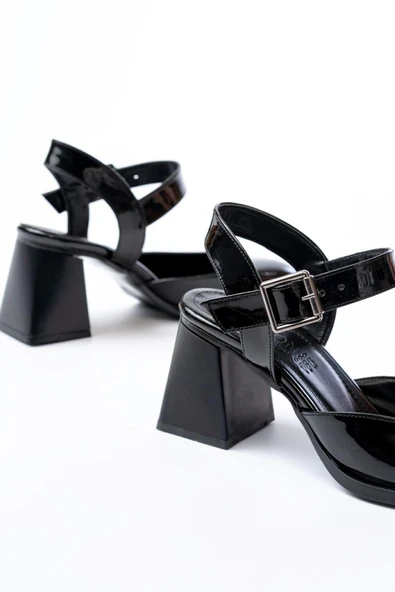 İNF-40450 Siyah Rugan Günlük Arkası Açık Topuklu Bayan Ayakkabı - Resim 5