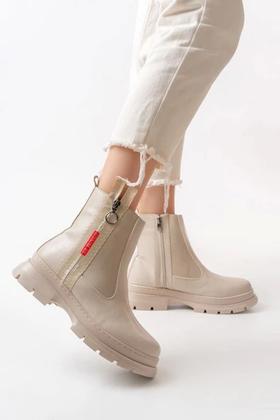 ASM-086 Bej Fashion Aksesuarlı Fermuarlı Günlük Kadın Bot - Resim 2
