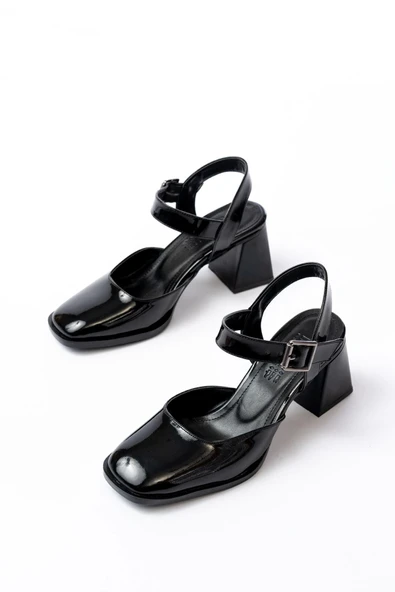 İNF-40450 Siyah Rugan Günlük Arkası Açık Topuklu Bayan Ayakkabı - Resim 3