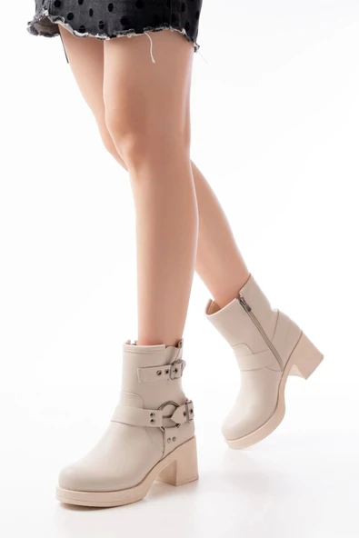 5109-3028 Bej Toka Aksesuarlı Fermuarlı Topuklu Günlük Kadın Bot - Resim 2