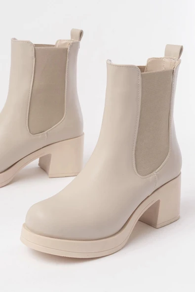 5109-3056 Bej Lastikli  Kalın Topuklu Günlük Kadın Bot - Resim 6