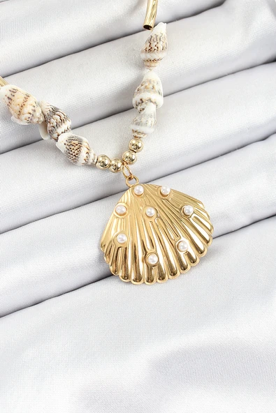 316L Çelik Gold Renk Deniz Kabuğu Modelli Kadın Kolye - TJ-BKO10295