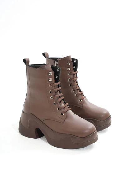 FZ-2550 Kahverengi Yüksek Tabanlı Bağcıklı Fermuarlı Günlük Kadın Bot - Resim 5