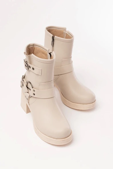 5109-3028 Bej Toka Aksesuarlı Fermuarlı Topuklu Günlük Kadın Bot - Resim 3