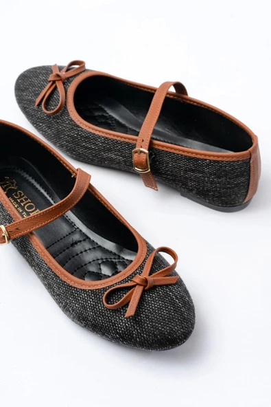 6321 Siyah Keten Günlük Baret Tokalı Bayan Babet - Resim 5