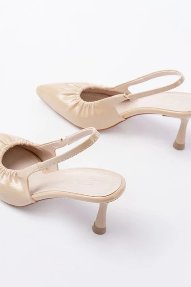 İNF-40451 Bej Kırışık Rugan Günlük Arkası Açık Topuklu Bayan Ayakkabı - Resim 3