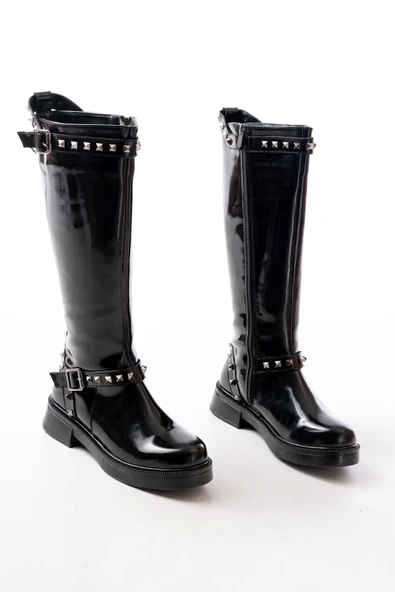 02-307 Siyah Rugan Düz Topuklu Günlük Bayan Binici Çizme - Resim 6