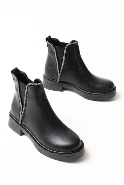 02-02 Siyah Taş Aksesuarlı Lastikli Günlük Kadın Bot - Resim 3