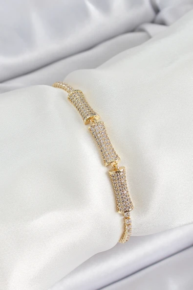 Pirinç Gold Renk Zirkon Taşlı Kemik Model Kadın Bileklik - TJ-BB7070