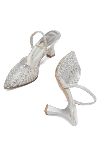 V-1005 Gümüş Günlük Arkası Açık Taşlı Topuklu Bayan Ayakkabı - Resim 4