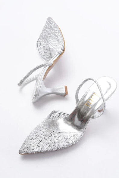 V-1005 Gümüş Günlük Arkası Açık Taşlı Topuklu Bayan Ayakkabı - Resim 5