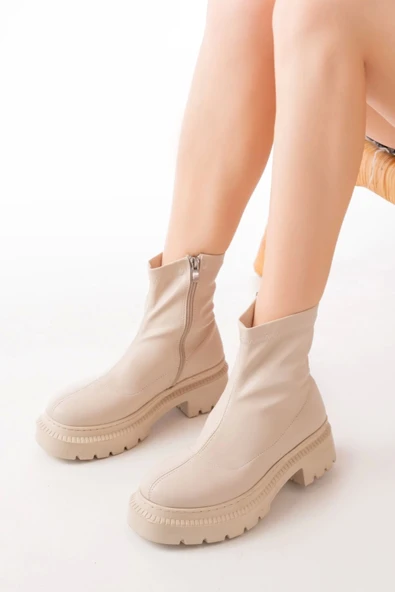 236-2011 Bej Streç Fermuarlı Günlük Kadın Bot - Resim 3