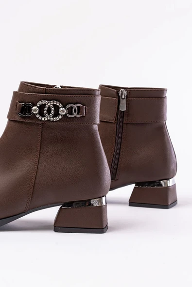 RM-502 Kahverengi Toka Aksesuarlı Topuklu Fermuarlı Günlük Kadın Bot - Resim 3