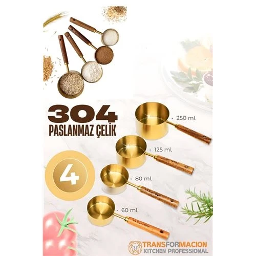 4 lü Ölçü Kabı 304 Paslanmaz Çelik Masif Ahşap Saplı - 1