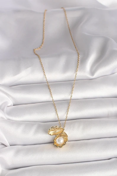 316L Çelik Gold Renk Zincir Açılır İncili Midye Model Kadın Kolye - 3