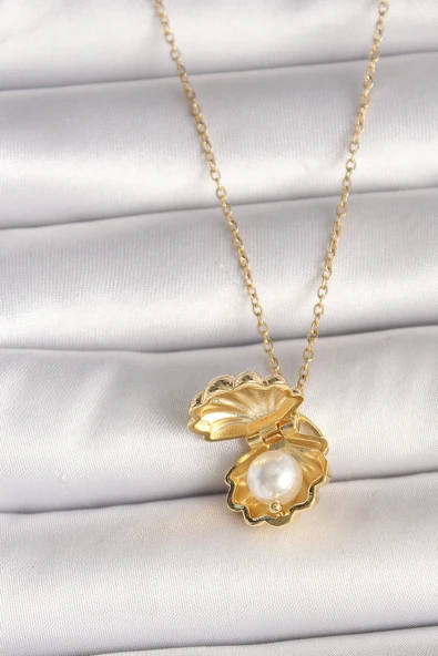 316L Çelik Gold Renk Zincir Açılır İncili Midye Model Kadın Kolye - 2