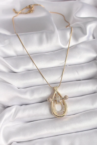 316L Çelik Gold Renk Zincir Zirkon Taşlı Vintage Model Kadın Kolye - 2