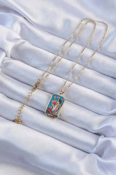 316L Çelik Zincir Altın Renk Taç ve Kız Figürlü Renkli Mineli Tarot Kolye - 2