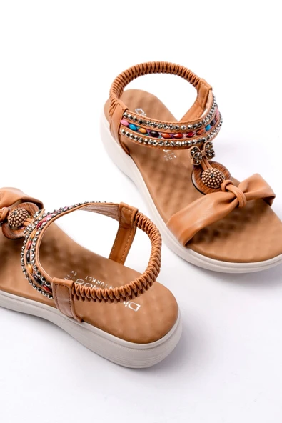 DM-608 Taba Taşlı Arka Lastikli Günlük Kadın Sandalet - Resim 5
