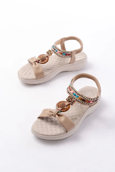 DM-608 Bej Taşlı Arka Lastikli Günlük Kadın Sandalet - 3