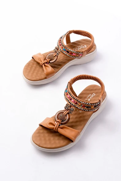 DM-608 Taba Taşlı Arka Lastikli Günlük Kadın Sandalet - Resim 3