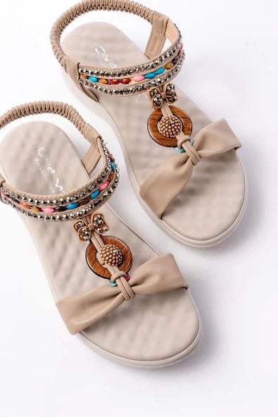 DM-608 Bej Taşlı Arka Lastikli Günlük Kadın Sandalet - 4