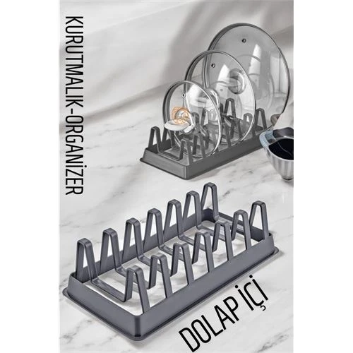 Tabak Düzenleyici Kurutmalık Dolap İçi Tencere Kapak Organizer GRİ - 2