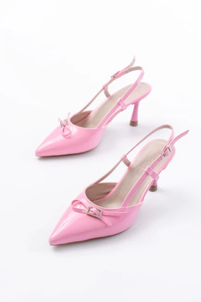 İNF-2300 Pembe Rugan Günlük Arkası Açık Fiyonklu Topuklu Bayan Ayakkabı - Resim 3