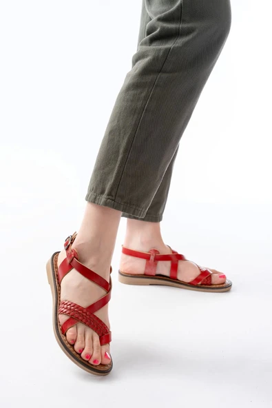 205-09 Kırmızı Ortopedik Hakiki Deri Kadın Sandalet - Resim 3