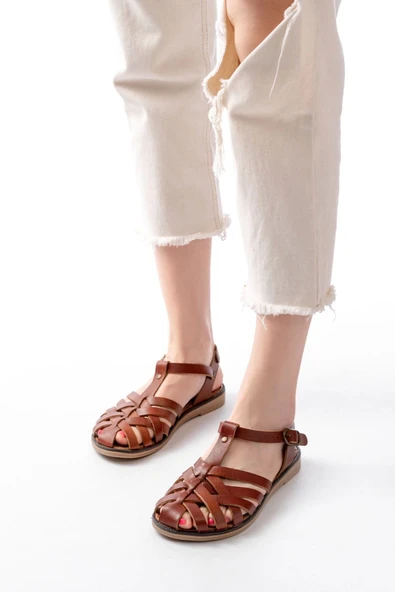 205-02 K. Kahve Ortopedik Hakiki Deri Kadın Sandalet - 2