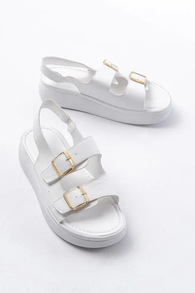24413-572 Beyaz Günlük Dolgu Topuk Toka Aksesuarlı Kadın Sandalet - Resim 3