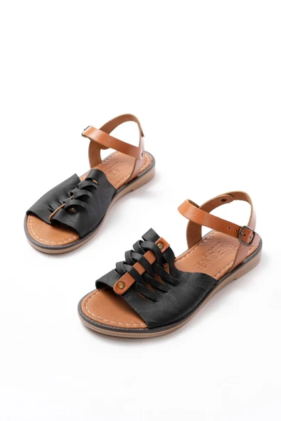 205-029 Siyah Ortopedik Hakiki Deri Kadın Sandalet - Resim 5