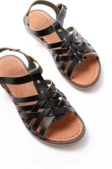 205-208 Siyah Hakiki Deri Ortopedik Taban Kadın Sandalet - 5