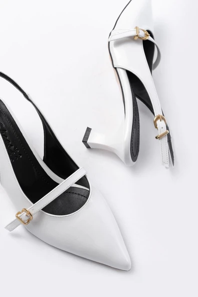 H-470 Beyaz Rugan Baret Tokalı Arkası Açık Günlük Kadın Sandalet - 5