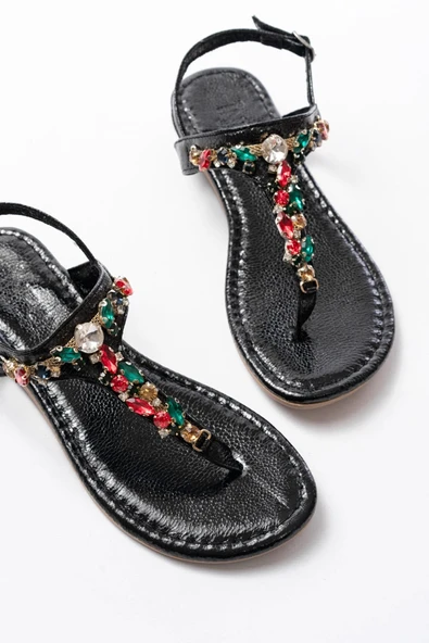 152-1110 Siyah Multi Cam Kırığı Taşlı Parmak Arası Kadın Sandalet - Resim 4