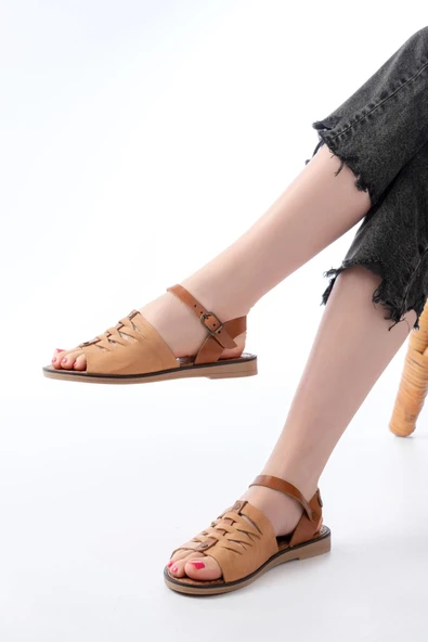 205-029 Bej Ortopedik Hakiki Deri Kadın Sandalet - Resim 4