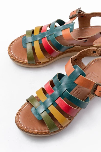 731-204 Multi  Hakiki Deri Dolgu Topuklu Günlük Kadın Sandalet - Resim 4