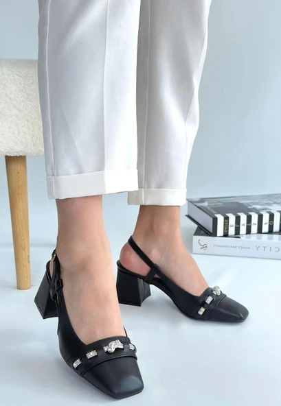 Elliy Siyah Cilt Topuklu Ayakkabı - Resim 2