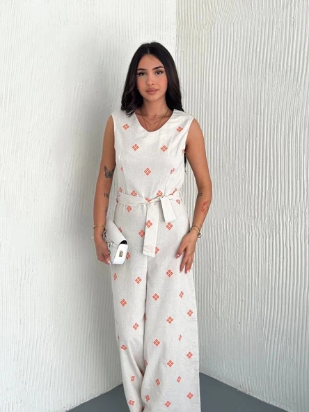 Sırt dekolteli keten beyaz tulum S1036 - 8