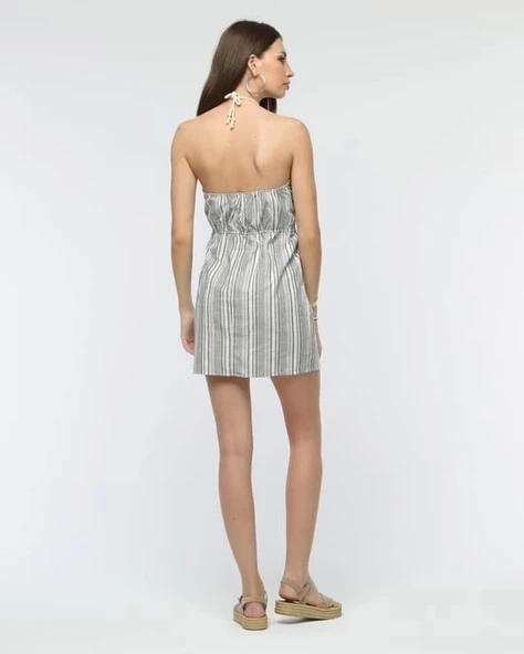 Kuşaklı çizgili mini keten elbise - 3