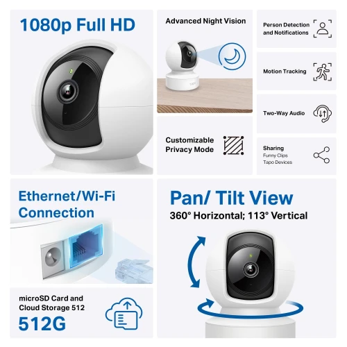 TP-LINK  Tapo C202, Bebek/Ev Güvenlik Kamerasi, WiFi-Ehernet, 1080P, 12Mt Gece Görüsü, PAN/TILT, iki Yönlü Ses - 3