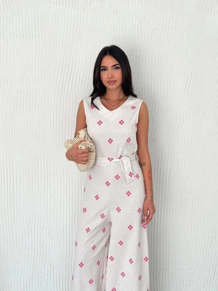 Sırt dekolteli keten beyaz tulum S1036 - 3