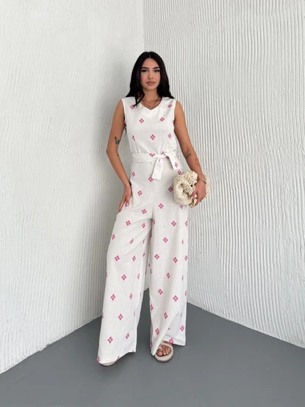 Sırt dekolteli keten beyaz tulum S1036 - 7