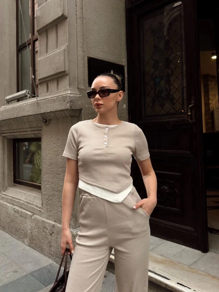 Düğme yakalı bej alt üst takım s3943 - 5