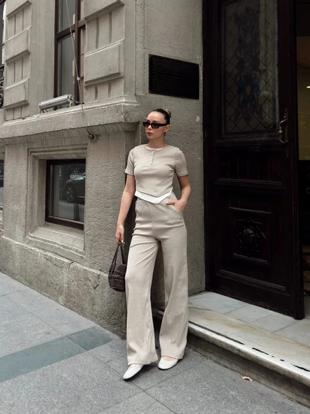 Düğme yakalı bej alt üst takım s3943 - 4