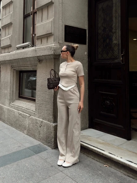 Düğme yakalı bej alt üst takım s3943 - 7