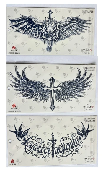 Haçlı Kanat 3 Hafta Kalıcı 3 adet Sırt Göğüs için Büyük Boy Yarı Kalıcı Dövme